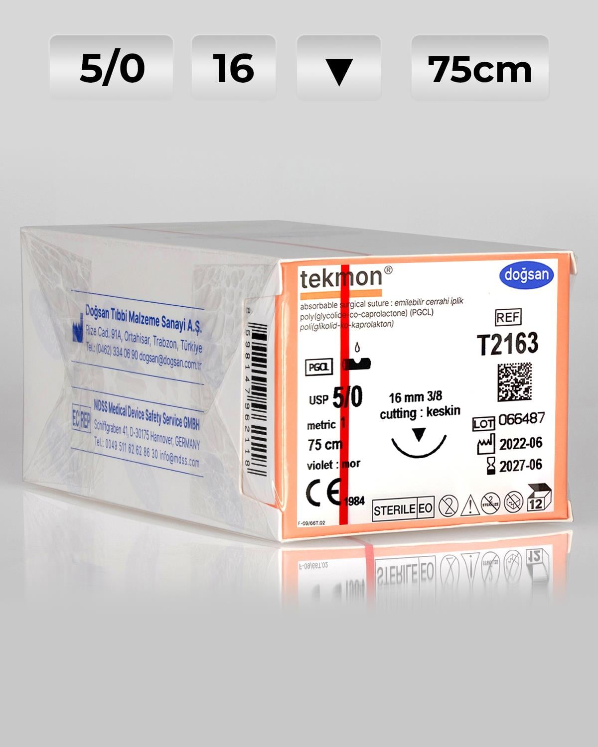 T2163 DOĞSAN Tekmon 5/0 16 3/8 Keskin (▼) 75cm PGCL Emilebilir Sütür 12 Ad./Pkt