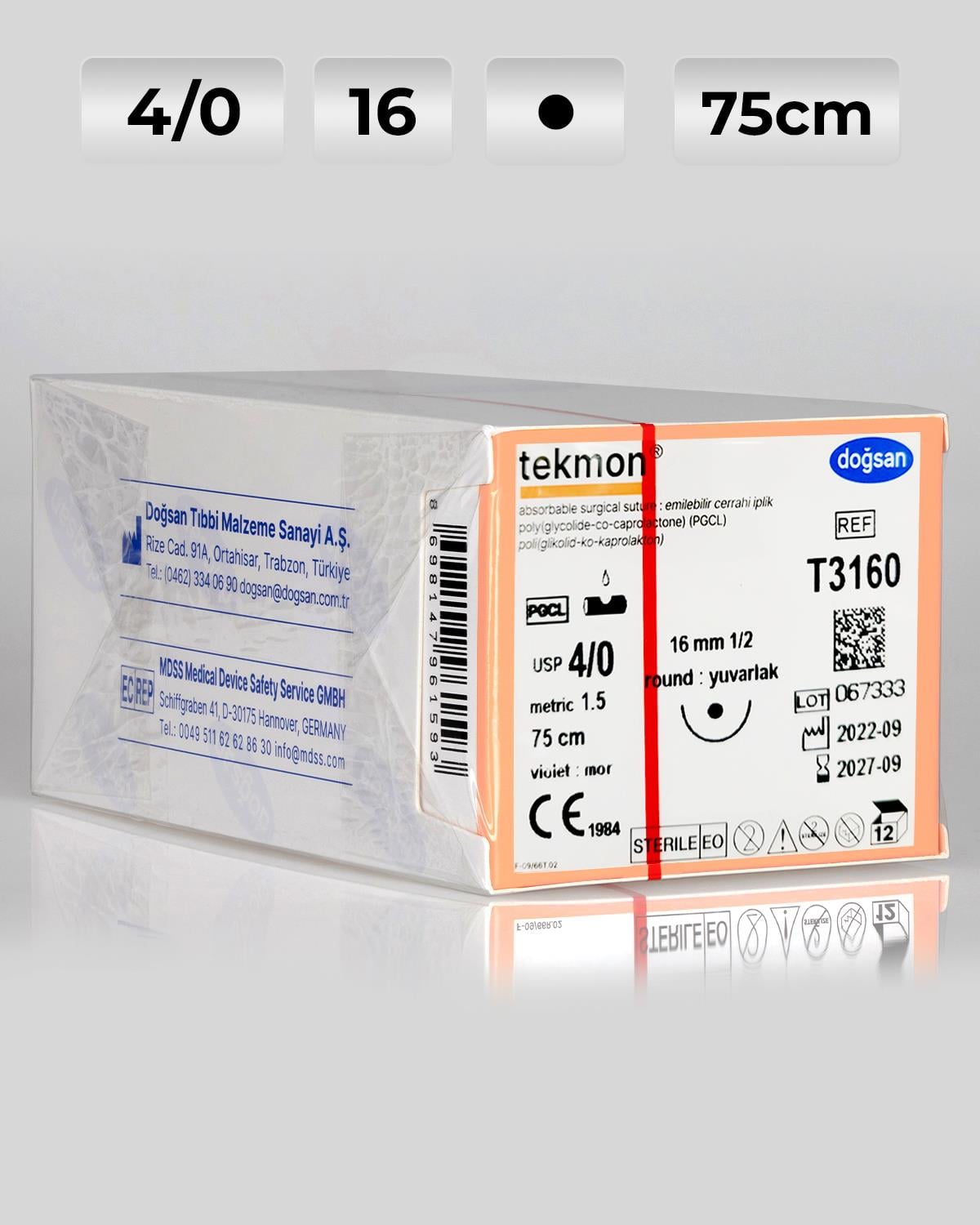 T3160 DOĞSAN Tekmon 4/0 16 1/2 Yuvarlak (●) 75cm PGCL Emilebilir Sütür 12 Ad./Pkt