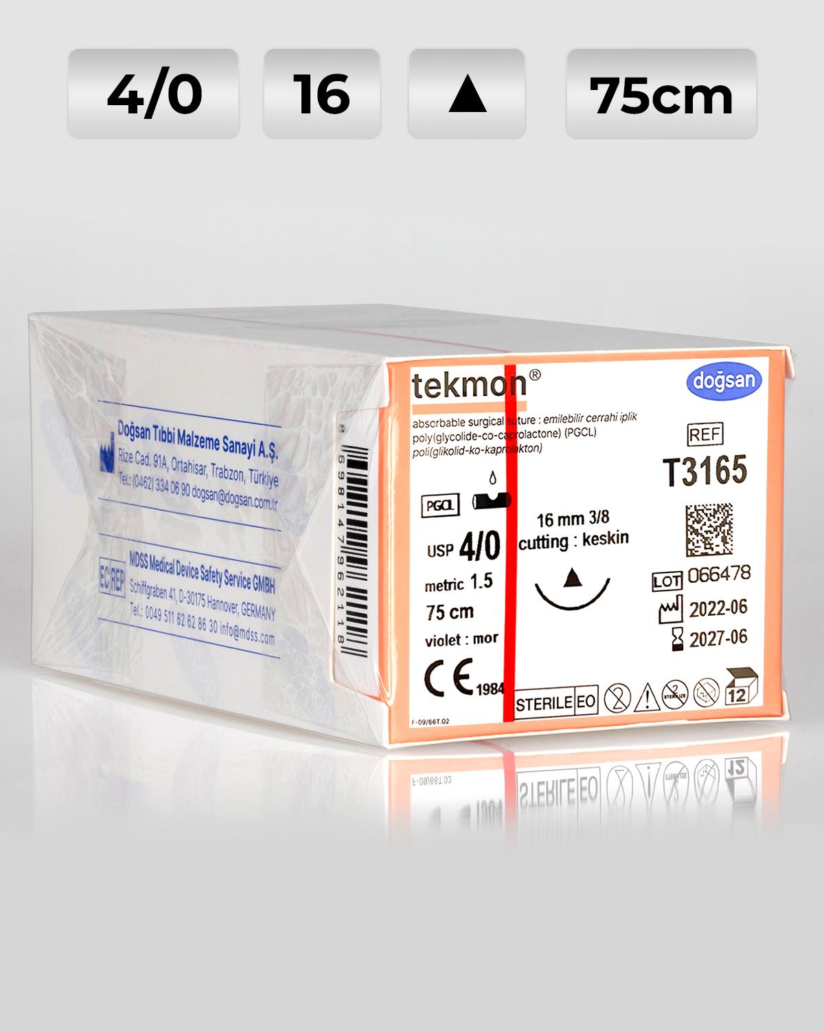 T3165 DOĞSAN Tekmon 4/0 16 3/8 Keskin (Δ) 75cm PGCL Emilebilir Sütür 12 Ad./Pkt