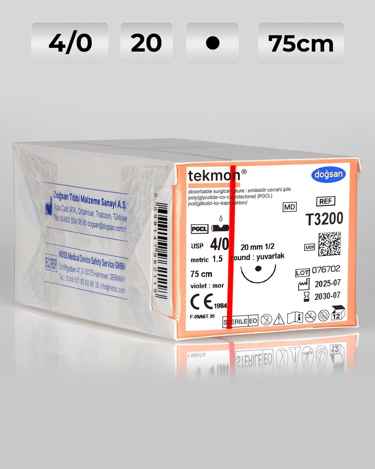 T3200 DOĞSAN Tekmon 4/0 20 1/2 Yuvarlak (●) 75cm PGCL Emilebilir Sütür 12 Ad./Pkt