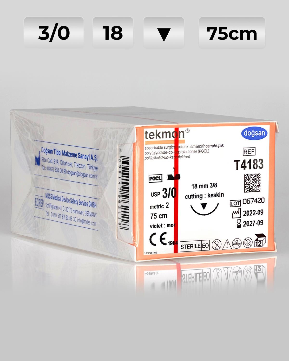 T4183 DOĞSAN Tekmon 3/0 18 3/8 Keskin (▼) 75cm PGCL Emilebilir Sütür 12 Ad./Pkt