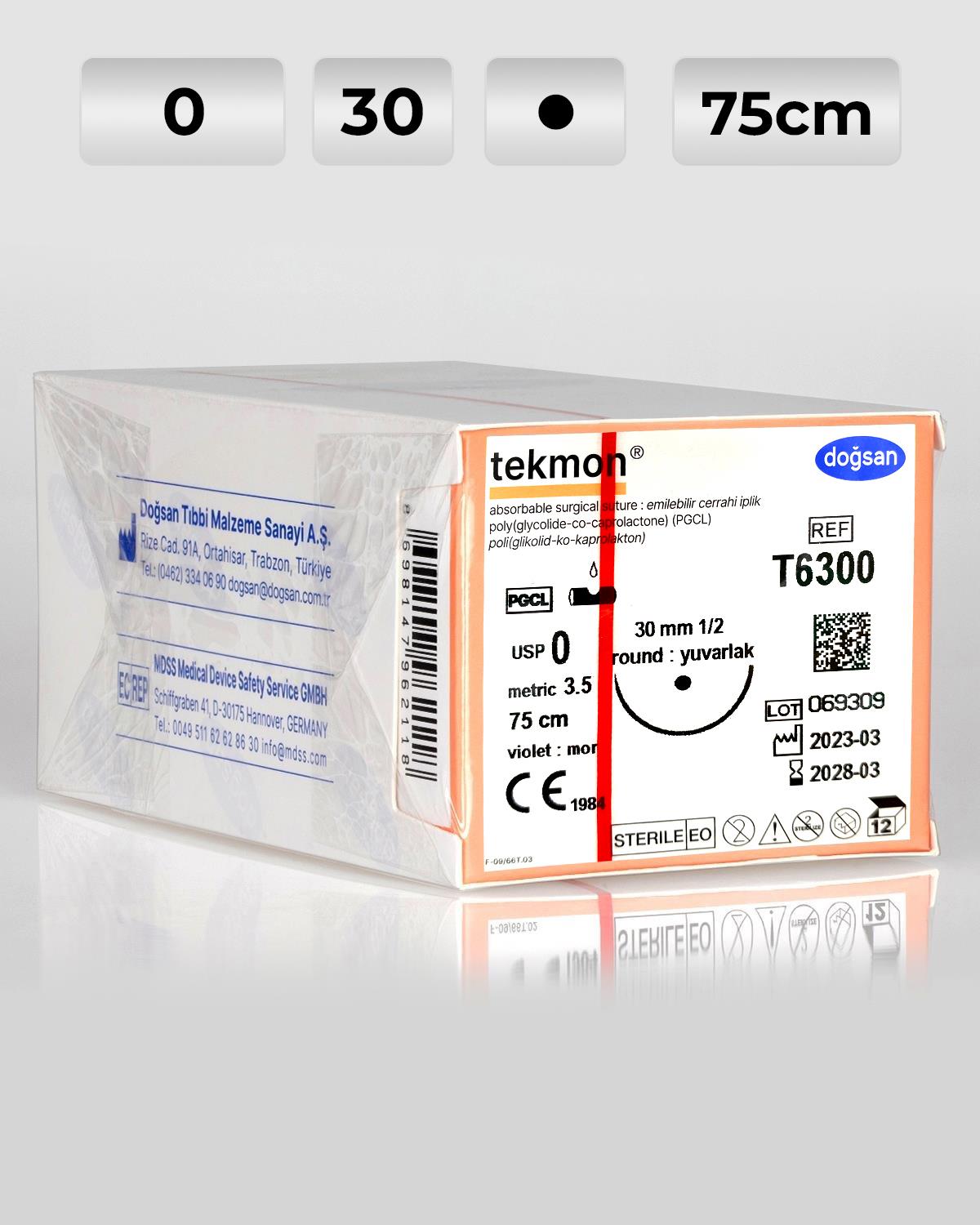 T6300 DOĞSAN Tekmon 0 30 1/2 Yuvarlak (●) 75cm PGCL Emilebilir Sütür 12 Ad./Pkt