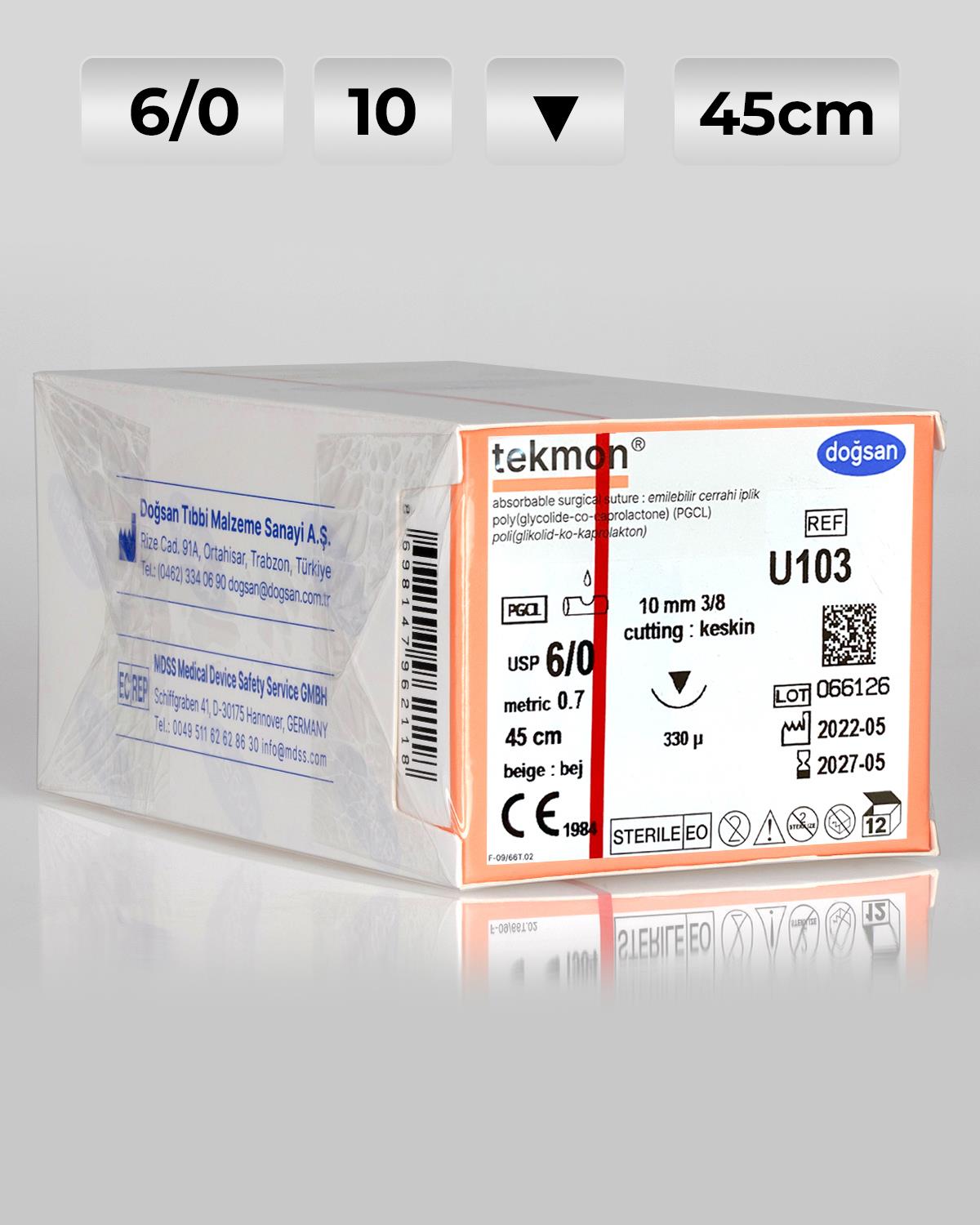U103 DOĞSAN Tekmon 6/0 10 3/8 Keskin (▼) 45cm PGCL Emilebilir Sütür 12 Ad./Pkt