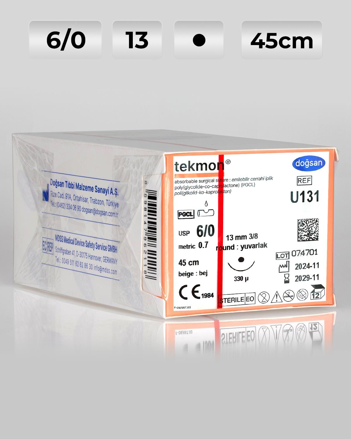 U131 DOĞSAN Tekmon 6/0 13 3/8 Keskin (▼) PGCL Emilebilir Sütür