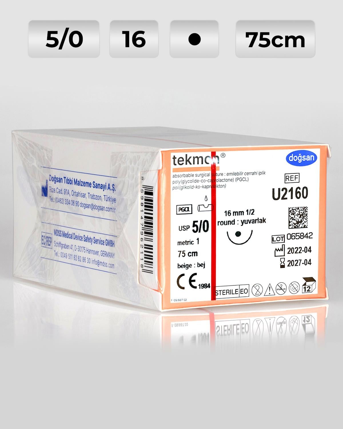 U2160 DOĞSAN Tekmon 5/0 16 1/2 Yuvarlak (●) 75cm PGCL Emilebilir Sütür 12 Ad./Pkt
