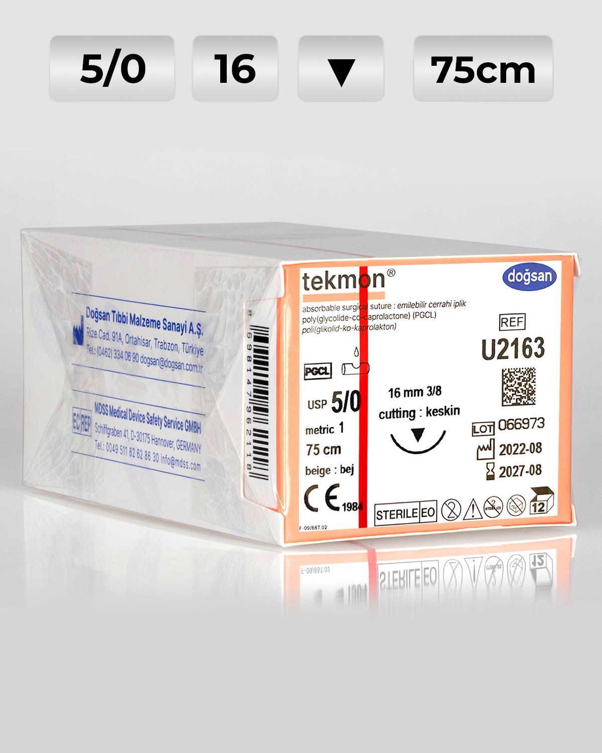 U2163 DOĞSAN Tekmon 5/0 16 3/8 Keskin (▼) 75cm PGCL Emilebilir Sütür 12 Ad./Pkt