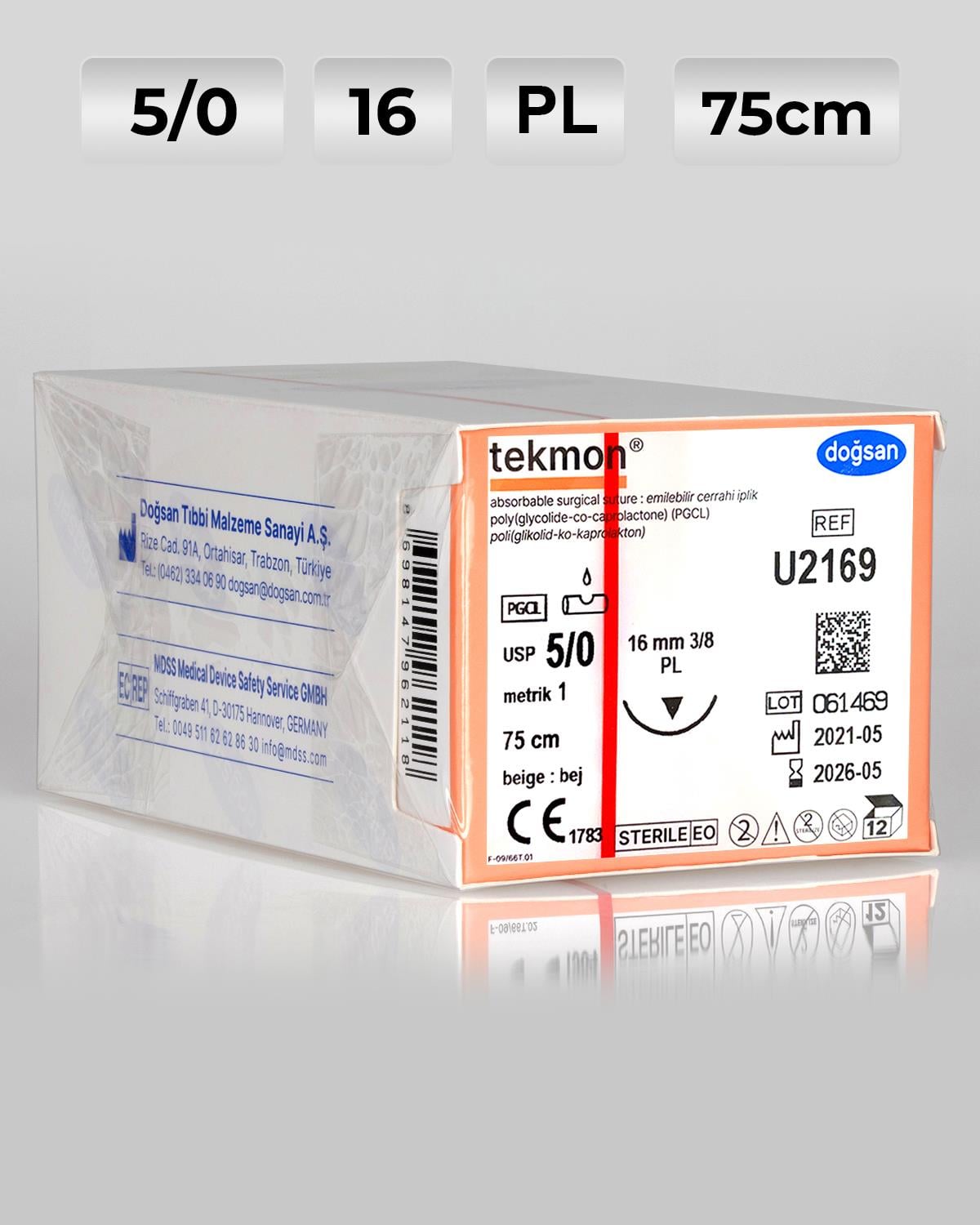U2169 DOĞSAN Tekmon 5/0 16 3/8 PL 75cm PGCL Emilebilir Sütür 12 Ad./Pkt