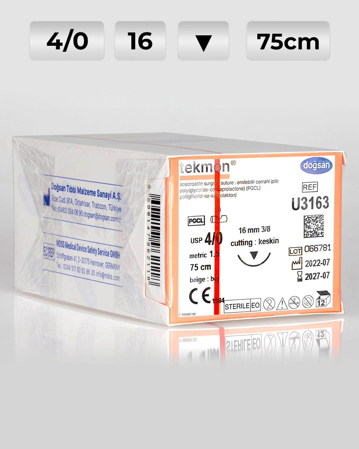 U3163 DOĞSAN Tekmon 4/0 16 3/8 Keskin (▼) 75cm PGCL Emilebilir Sütür 12 Ad./Pkt
