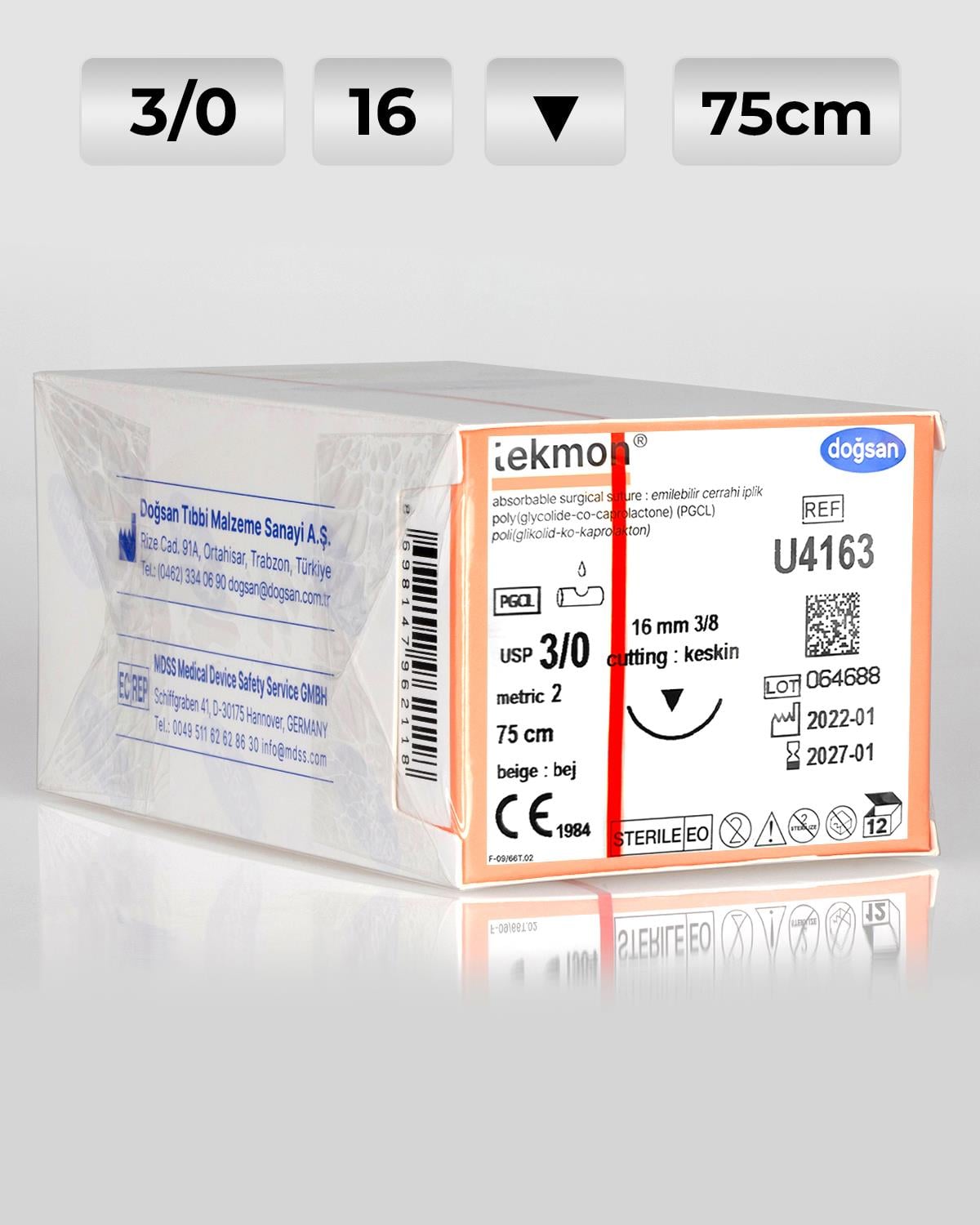 U4163 DOĞSAN Tekmon 3/0 16 3/8 Keskin (▼) 75cm PGCL Emilebilir Sütür 12 Ad./Pkt