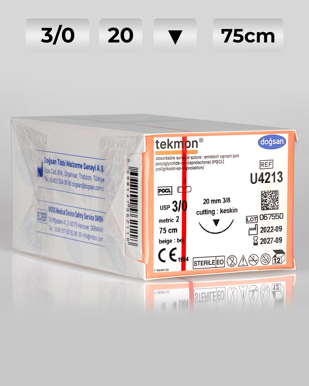 U4213 DOĞSAN Tekmon 3/0 20 3/8 Keskin (▼) 75cm PGCL Emilebilir Sütür 12 Ad./Pkt