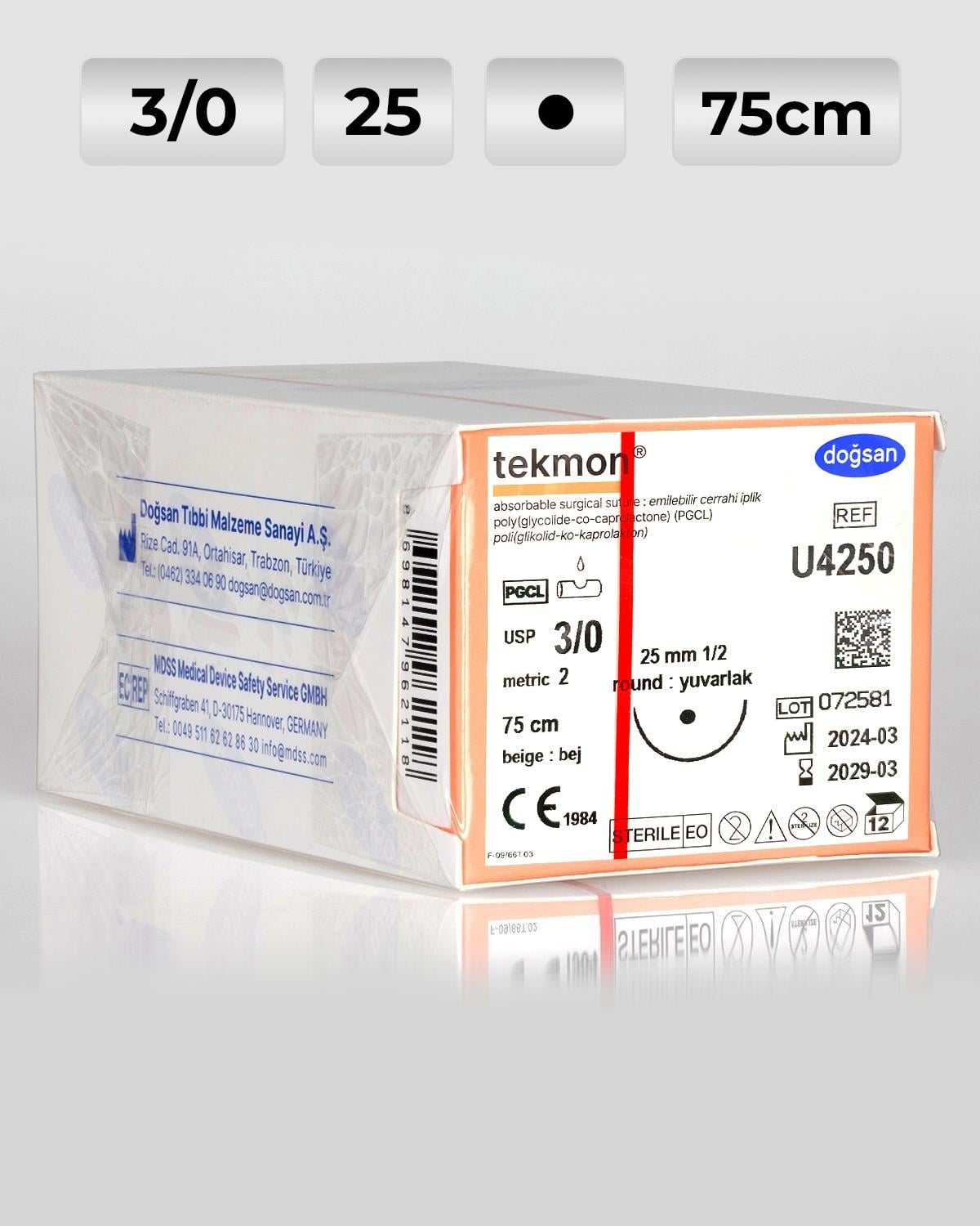 U4250 DOĞSAN Tekmon 3/0 25 1/2 Yuvarlak (●) 75cm PGCL Emilebilir Sütür 12 Ad./Pkt