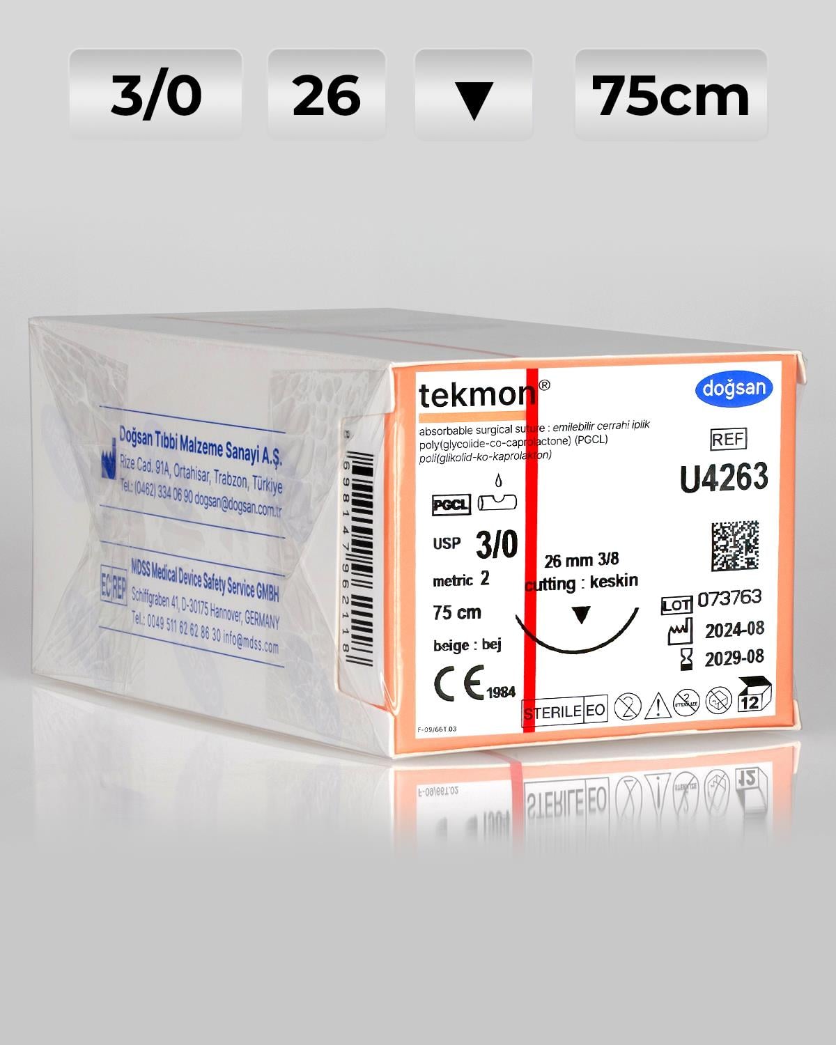U4263 DOĞSAN Tekmon 3/0 26 3/8 Keskin (▼) 75cm PGCL Emilebilir Sütür 12 Ad./Pkt