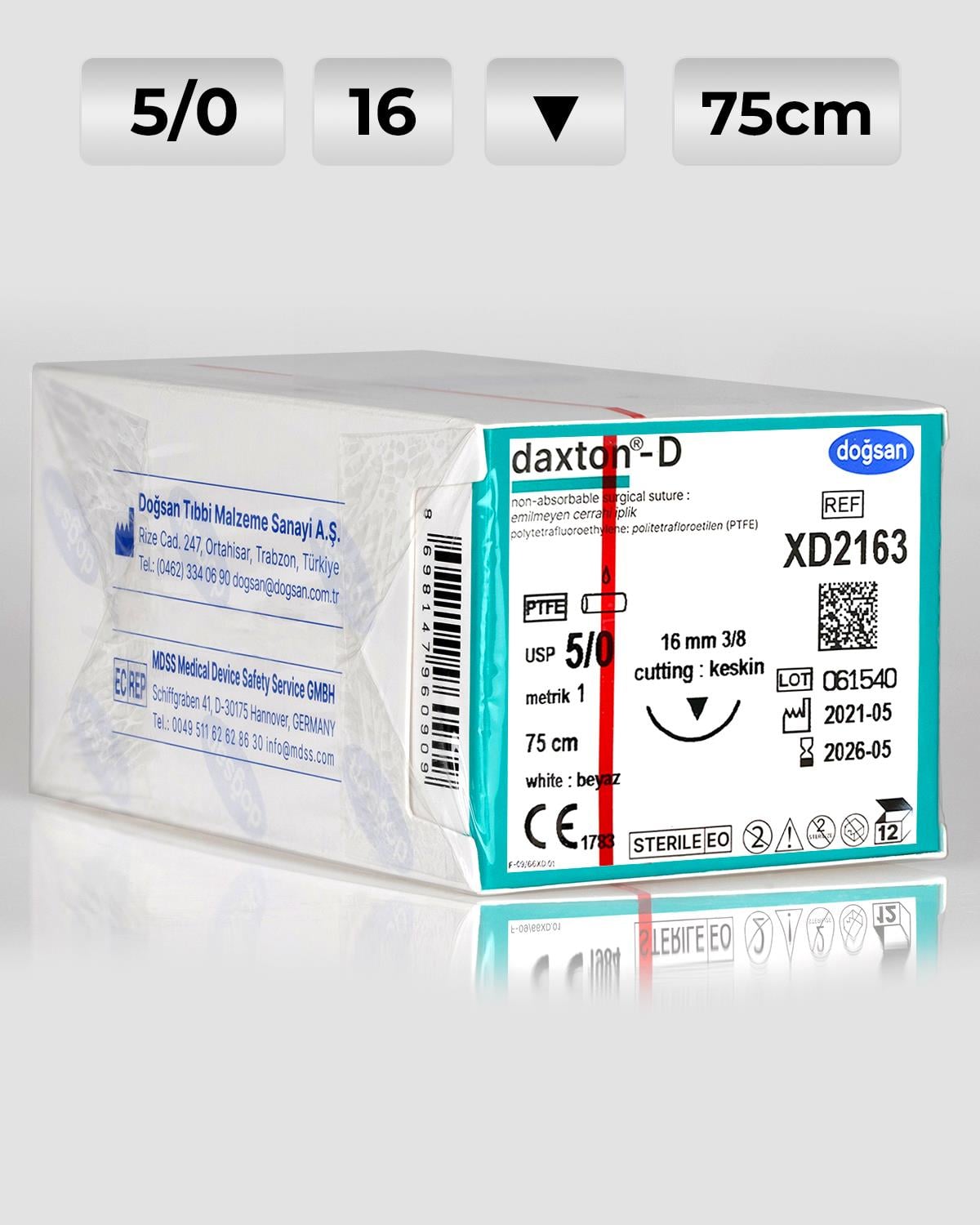 XD2163 DOĞSAN Daxton-D 5/0 16 3/8 Keskin (▼) 75cm TEFLON Emilemeyen Sütür 12 Ad./Pkt