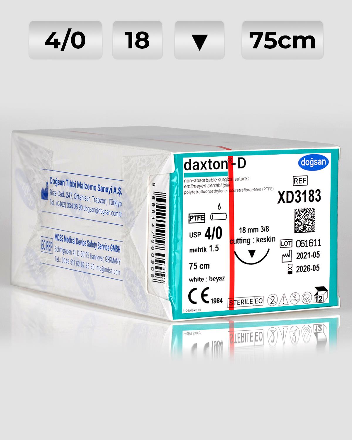 XD3183 DOĞSAN Daxton-D 4/0 18 3/8 Keskin (▼) 75cm TEFLON Emilemeyen Sütür 12 Ad./Pkt