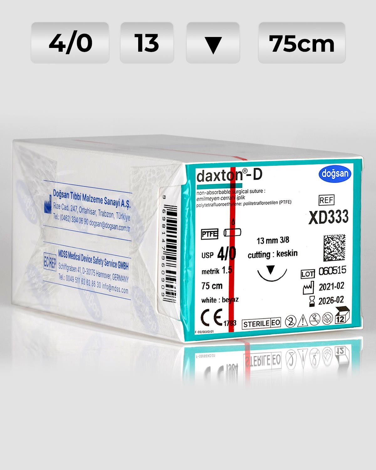 XD333 DOĞSAN Daxton-D 4/0 13 3/8 Keskin (▼) 75cm TEFLON Emilemeyen Sütür 12 Ad./Pkt