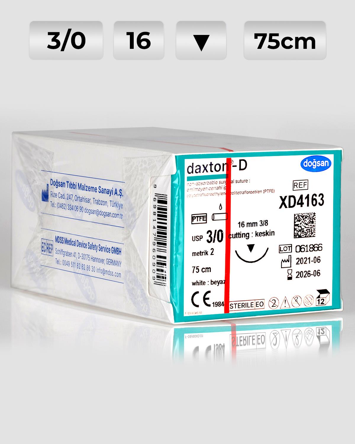XD4163 DOĞSAN Daxton-D 3/0 16 3/8 Keskin (▼) 75cm TEFLON Emilemeyen Sütür 12 Ad./Pkt