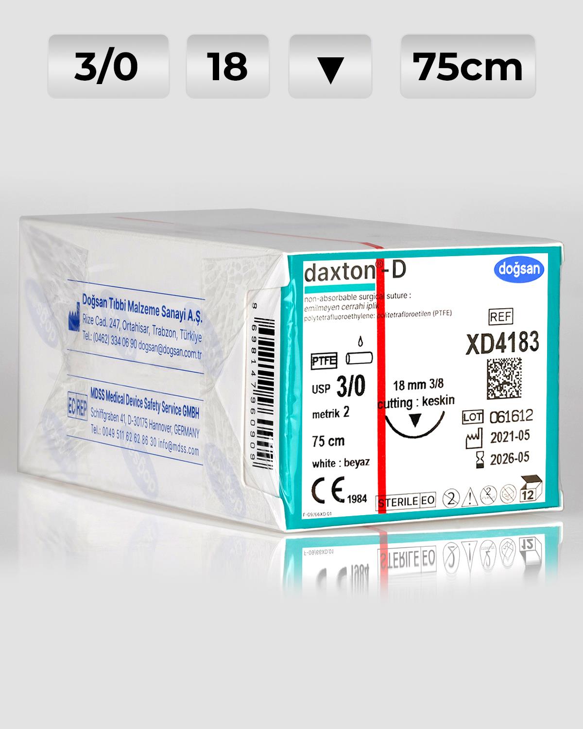 XD4183 DOĞSAN Daxton-D 3/0 18 3/8 Keskin (▼) 75cm TEFLON Emilemeyen Sütür 12 Ad./Pkt
