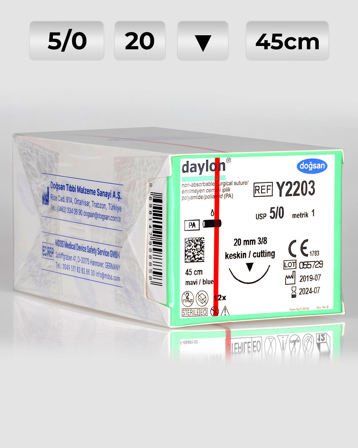 Y2203 DOĞSAN Daylon 5/0 20 3/8 Keskin (▼) 45cm Polyamid Emilemeyen Sütür 12 Ad./Pkt