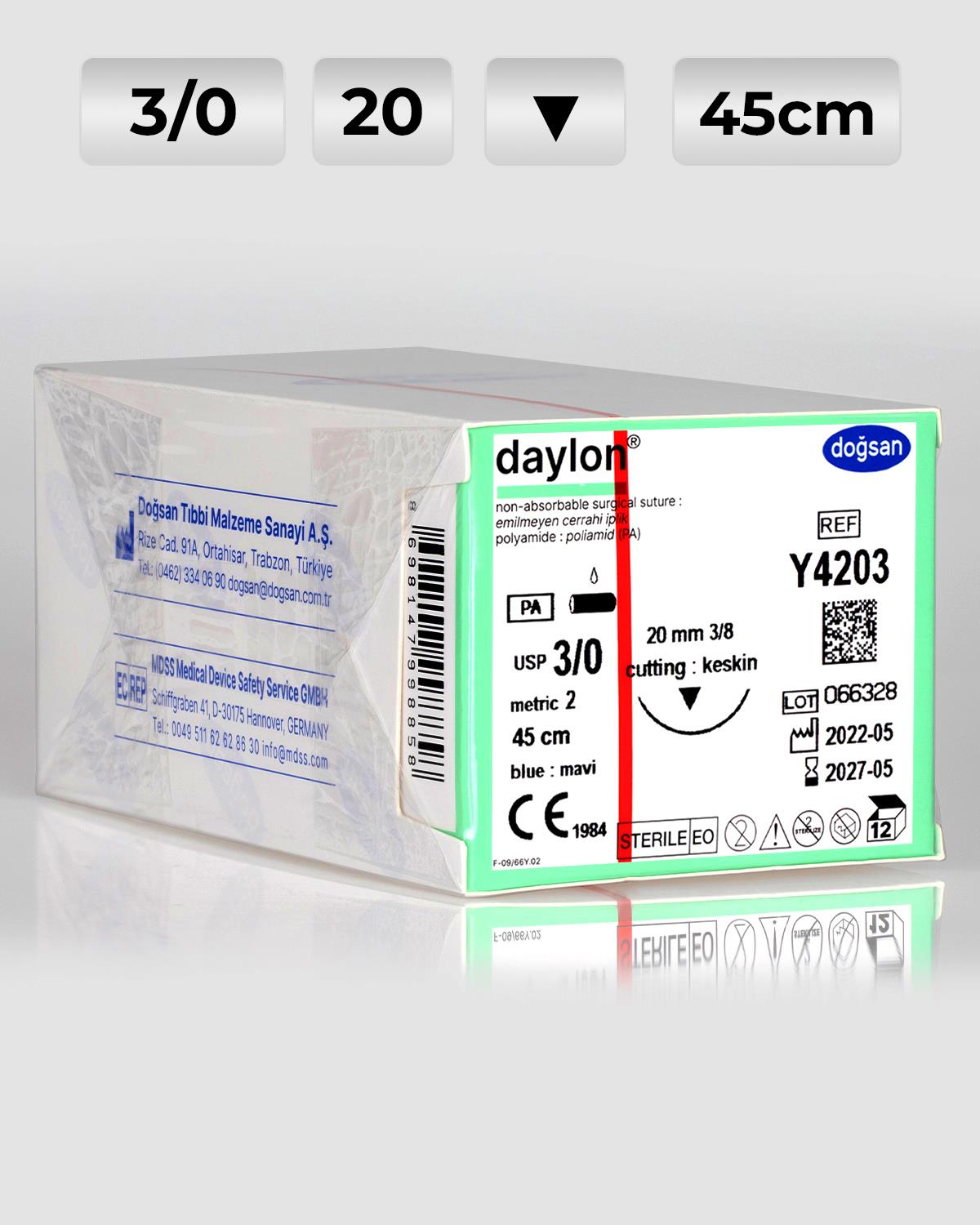 Y4203 DOĞSAN Daylon 3/0 20 3/8 Keskin (▼) 45cm Polyamid Emilemeyen Sütür 12 Ad./Pkt