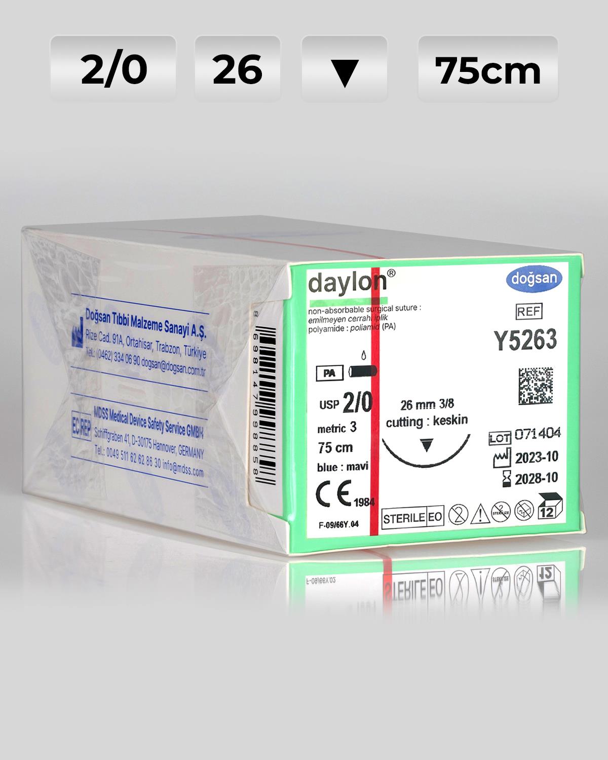 Y5263 DOĞSAN Daylon 2/0 26 3/8 Keskin (▼) 75cm Polyamid Emilemeyen Sütür 12 Ad./Pkt