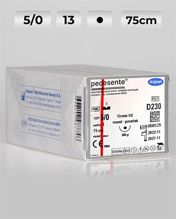 D230 DOĞSAN Pedesente 5/0 13 1/2 Yuvarlak (●),çift 75cm PDO Emilebilir Sütür