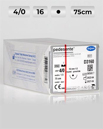 D3160 DOĞSAN Pedesente 4/0 16 1/2 Yuvarlak (●) 75cm PDO Emilebilir Sütür 12 Ad./Pkt