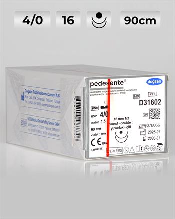 D31602 DOĞSAN Pedesente 4/0 16 1/2 Yuvarlak (●),çift 90cm PDO Emilebilir Sütür 12 Ad./Pkt