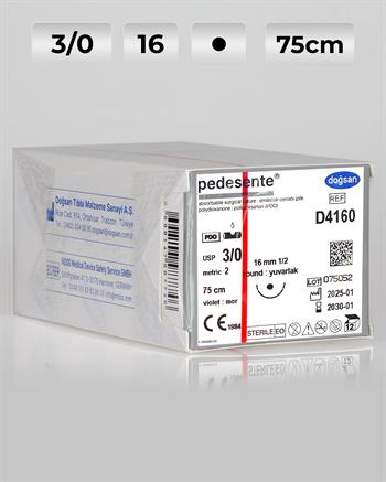 D4160 DOĞSAN Pedesente 3/0 16 1/2 Yuvarlak (●) 75cm PDO Emilebilir Sütür 12 Ad./Pkt