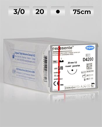 D4200 DOĞSAN Pedesente 3/0 20 1/2 Yuvarlak (●) 75cm PDO Emilebilir Sütür 12 Ad./Pkt