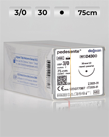D4300 DOĞSAN Pedesente 3/0 30 1/2 Yuvarlak (●) 75cm PDO Emilebilir Sütür 12 Ad./Pkt