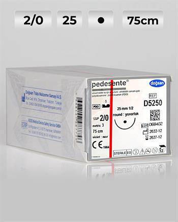 D5250 DOĞSAN Pedesente 2/0 25 1/2 Yuvarlak (●) 75cm PDO Emilebilir Sütür 12 Ad./Pkt