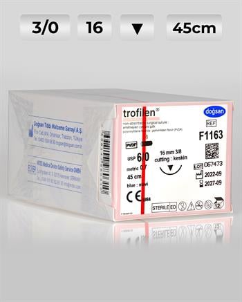 F1163 DOĞSAN Trofilen 6/0 16 3/8 Keskin (▼) 45cm PVDF Emilemeyen Sütür 12 Ad./Pkt