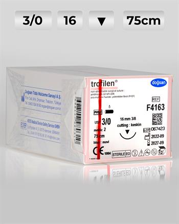 F4163 DOĞSAN Trofilen 3/0 16 3/8 Keskin (▼) 75cm PVDF Emilemeyen Sütür 12 Ad./Pkt