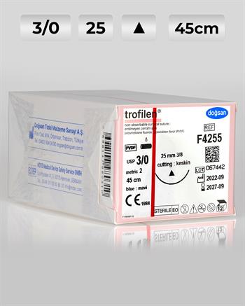 F4255 DOĞSAN Trofilen 3/0 25 3/8 Keskin (Δ) 45cm PVDF Emilemeyen Sütür 12 Ad./Pkt