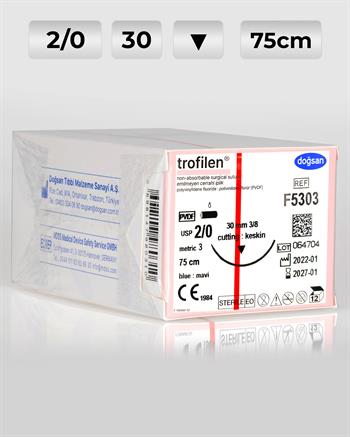 F5303 DOĞSAN Trofilen 2/0 30 3/8 Keskin (▼) 75cm PVDF Emilemeyen Sütür 12 Ad./Pkt