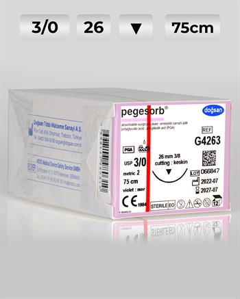 G4263 DOĞSAN Pegesorb 3/0 26 3/8 Keskin (▼) 75cm PGA Emilebilir Sütür 12 Ad./Pkt