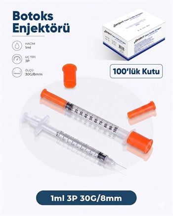 Genject 1 ml 3 Parçalı 30G (0.3mm) 8mm, Süper Insüilin Enjektörü, Mezoterapi Ucu 100 Ad./Pkt.