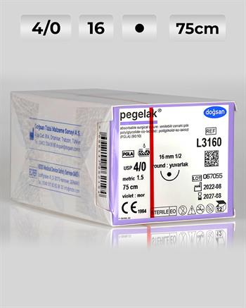L3160 DOĞSAN Pegelak 4/0 16 1/2 Yuvarlak (●) 75cm PGLA Emilebilir Sütür 12 Ad./Pkt