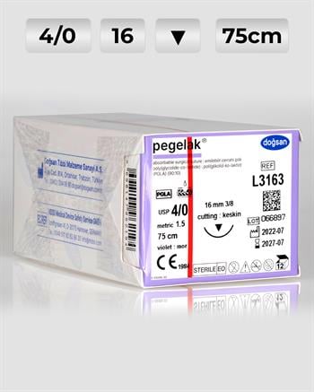 L3163 DOĞSAN Pegelak 4/0 16 3/8 Keskin (▼) 75cm PGLA Emilebilir Sütür 12 Ad./Pkt