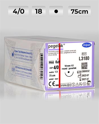 L3180 DOĞSAN Pegelak 4/0 18 1/2 Yuvarlak (●) 75cm PGLA Emilebilir Sütür 12 Ad./Pkt