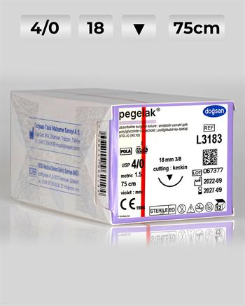 L3183 DOĞSAN Pegelak 4/0 18 3/8 Keskin (▼) 75cm PGLA Emilebilir Sütür 12 Ad./Pkt