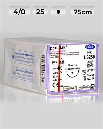L3250 DOĞSAN Pegelak 4/0 25 1/2 Yuvarlak (●) 75cm PGLA Emilebilir Sütür 12 Ad./Pkt