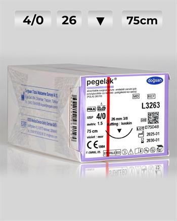 L3263 DOĞSAN Pegelak 4/0 26 3/8 Keskin (▼) 75cm PGLA Emilebilir Sütür 12 Ad./Pkt