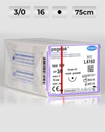 L4160 DOĞSAN Pegelak 3/0 16 1/2 Yuvarlak (●) 75cm PGLA Emilebilir Sütür 12 Ad./Pkt
