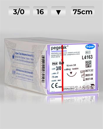 L4163 DOĞSAN Pegelak 3/0 16 3/8 Keskin (▼) 75cm PGA Emilebilir Sütür 12 Ad./Pkt