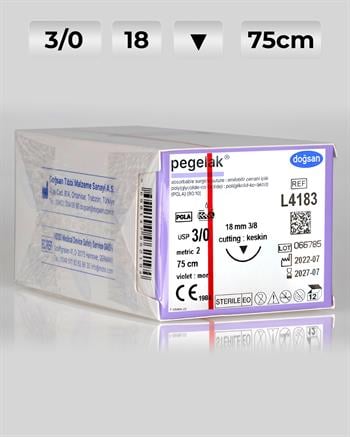 L4183 DOĞSAN Pegelak 3/0 18 3/8 Keskin (▼) 75cm PGLA Emilebilir Sütür 12 Ad./Pkt