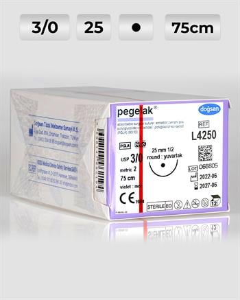 L4250 DOĞSAN Pegelak 3/0 25 1/2 Yuvarlak (●) 75cm PGLA Emilebilir Sütür 12 Ad./Pkt
