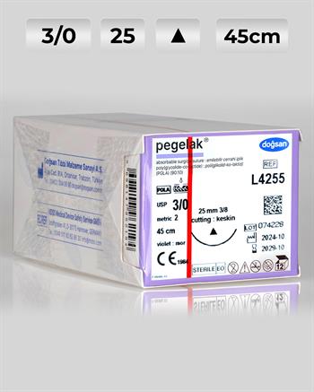 L4255 DOĞSAN Pegelak 3/0 25 3/8 Keskin (Δ) 45cm PGLA Emilebilir Sütür 12 Ad./Pkt