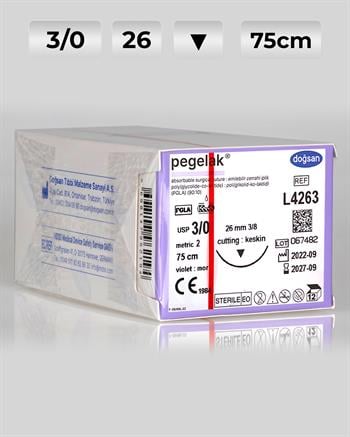 L4263 DOĞSAN Pegelak 3/0 26 3/8 Keskin (▼) 75cm PGLA Emilebilir Sütür 12 Ad./Pkt