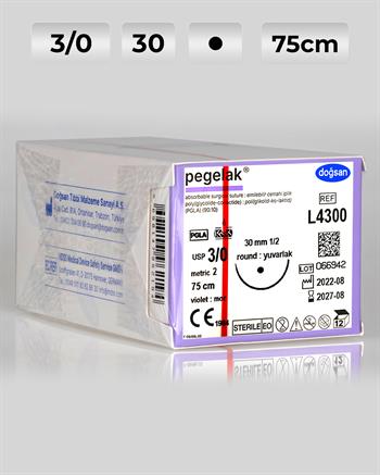 L4300 DOĞSAN Pegelak 3/0 30 1/2 Yuvarlak (●) 75cm PGLA Emilebilir Sütür 12 Ad./Pkt